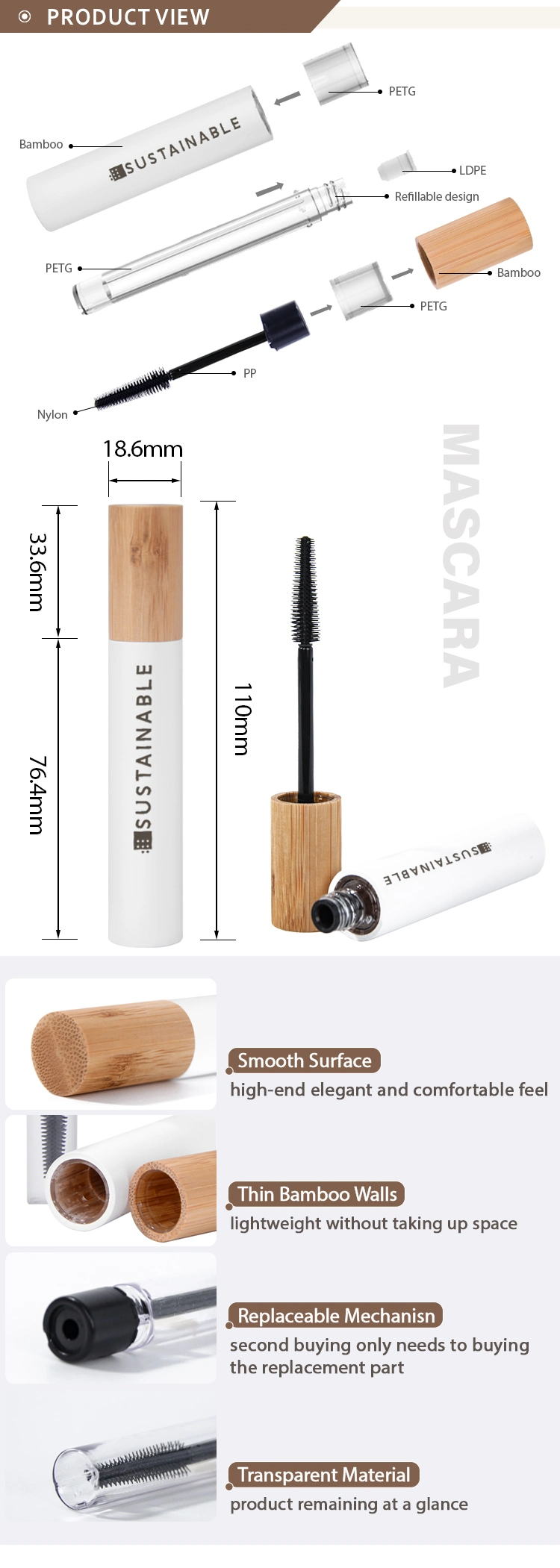 Customized Transparent Clear Ecologico Bamboo Empty Mascara Tube with Silicon Brush